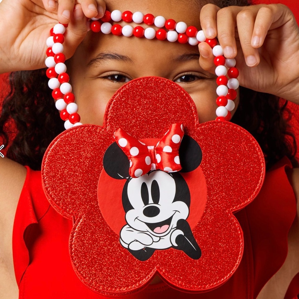 Disney Store Minnie Mouse Red Glitter Flower Purse | Beaded Handle Crossbody Bag - Picture 2 of 10